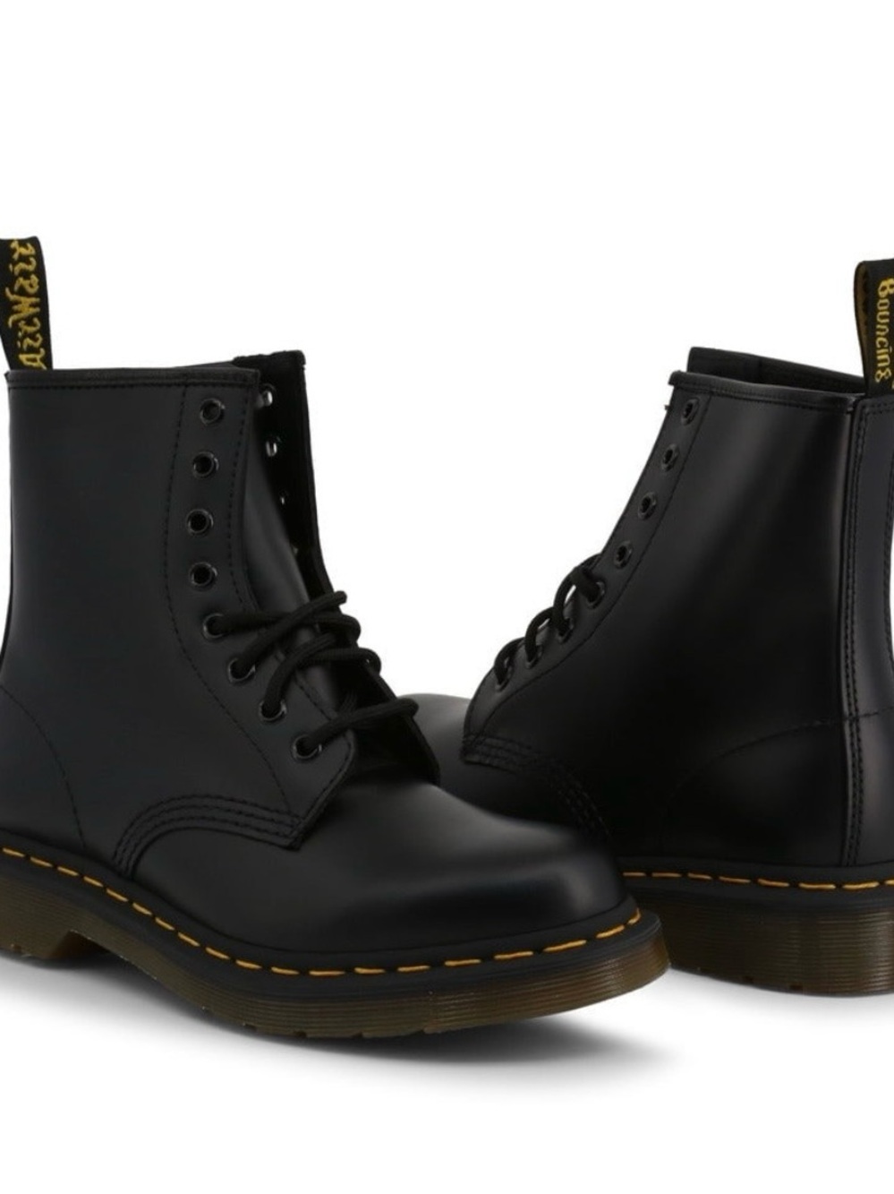 Dr. Martens Black Leather Lace-Up Ankle Boots with Yellow Stitching
